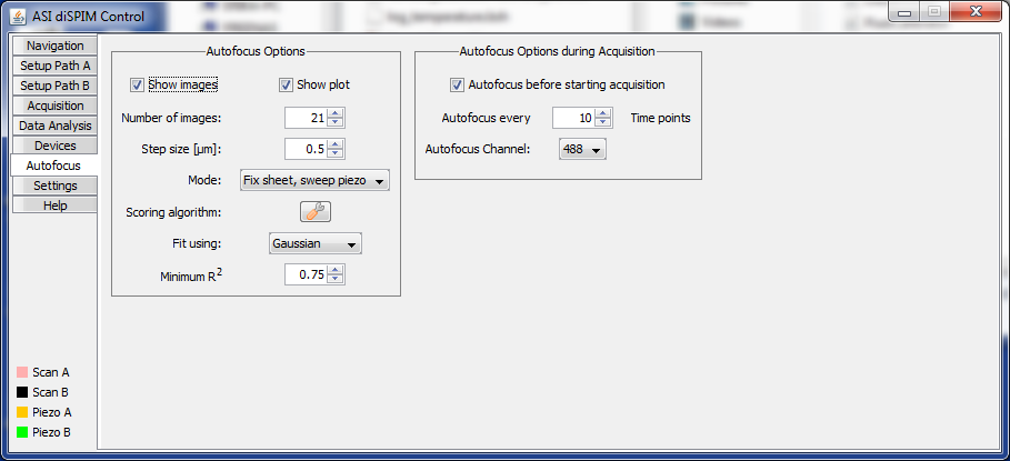  The Autofocus panel of the diSPIM plugin.