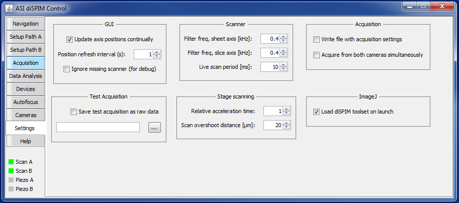  The Settings panel of the diSPIM plugin.